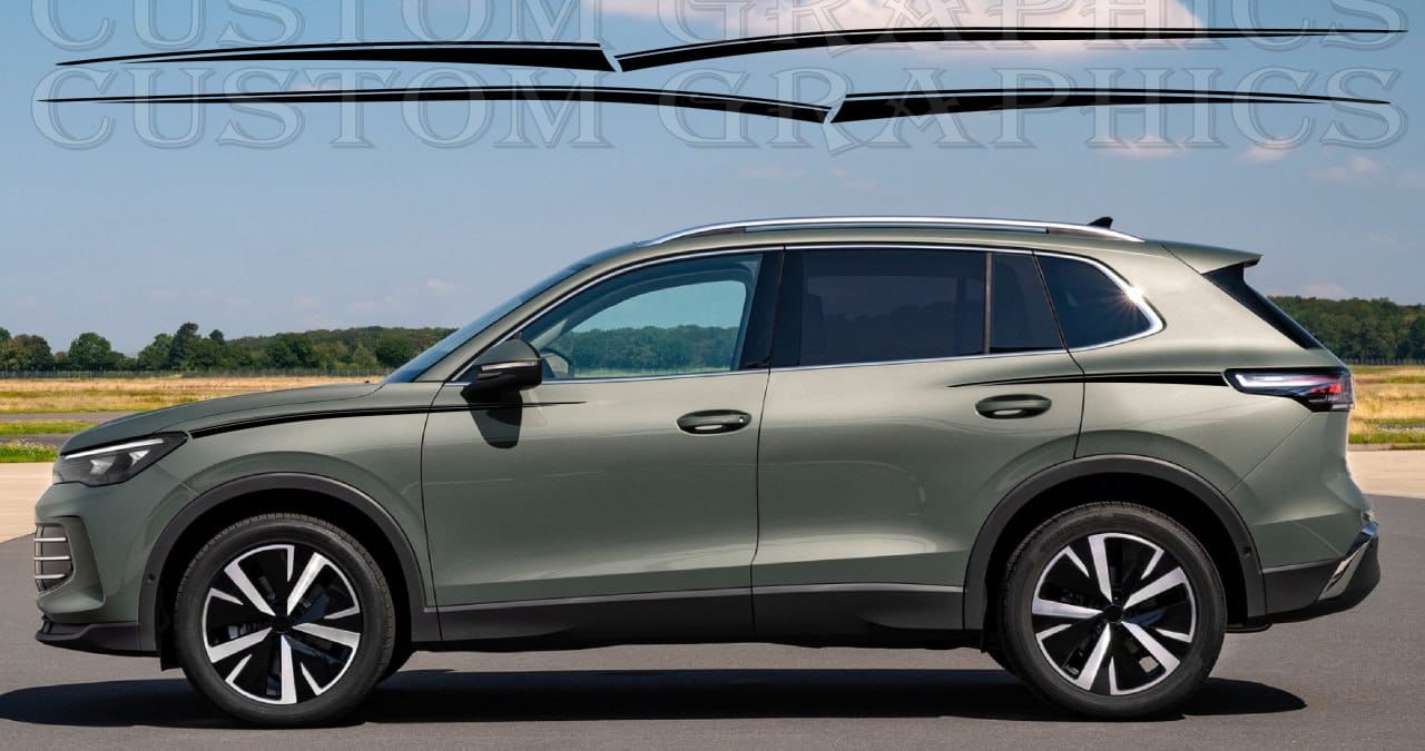 A green VW Tiguan SUV with a set of custom vinyl stickers featuring a geometric pattern on the rear side.