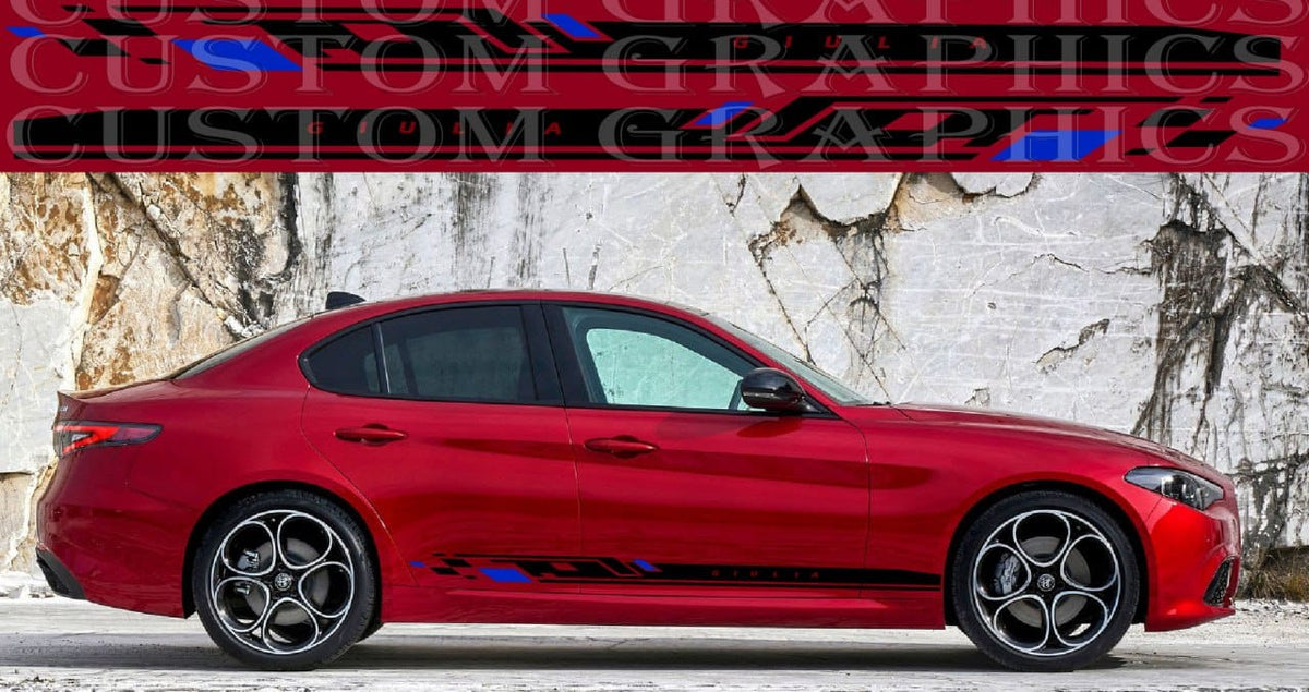 A red sedan shown in side profile against a textured stone wall, with a large repeated 'CUSTOM GRAPHICS' banner across the top. The car has dark tinted windows, black wheel covers, and a black side decal strip.