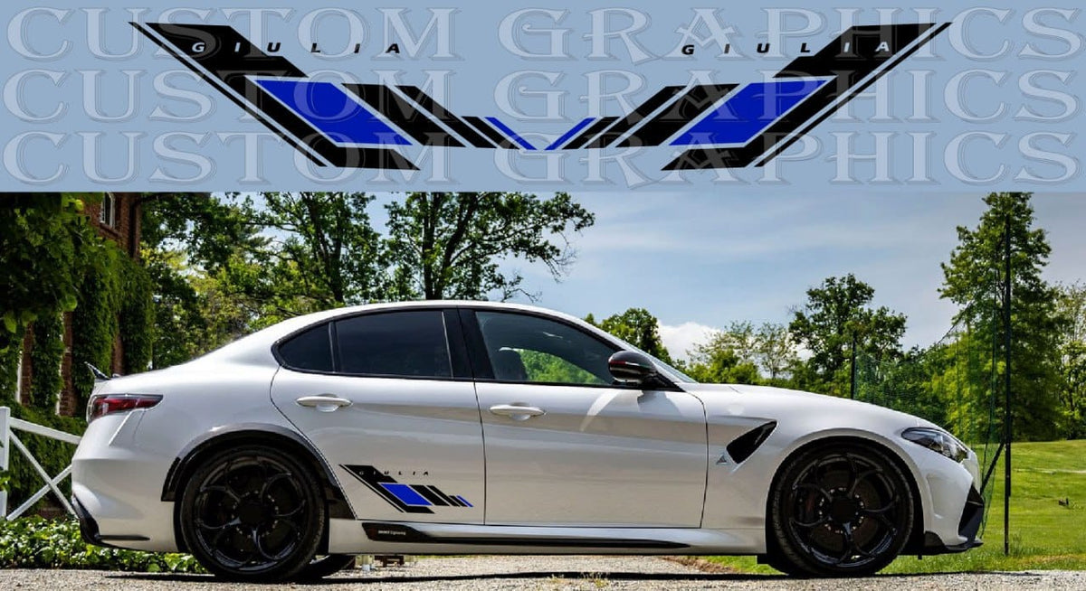 A white BMW sedan shown in a real outdoor setting with trees and grass, featuring blue and black side decals. A large blue and black logo graphic for 'Giulia Custom Graphics' is displayed at the top of the image.