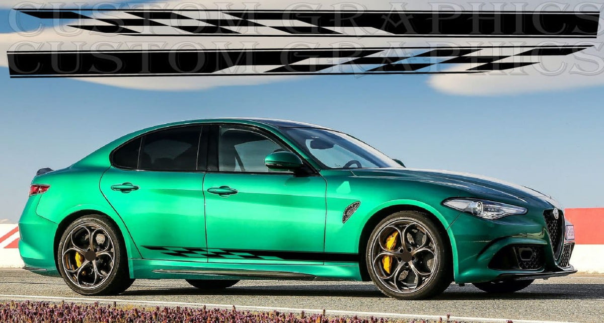 A metallic teal-green Alfa Romeo sedan photographed outdoors on a racetrack, with a large black-and-white checkered banner graphic overlaid across the top of the frame.