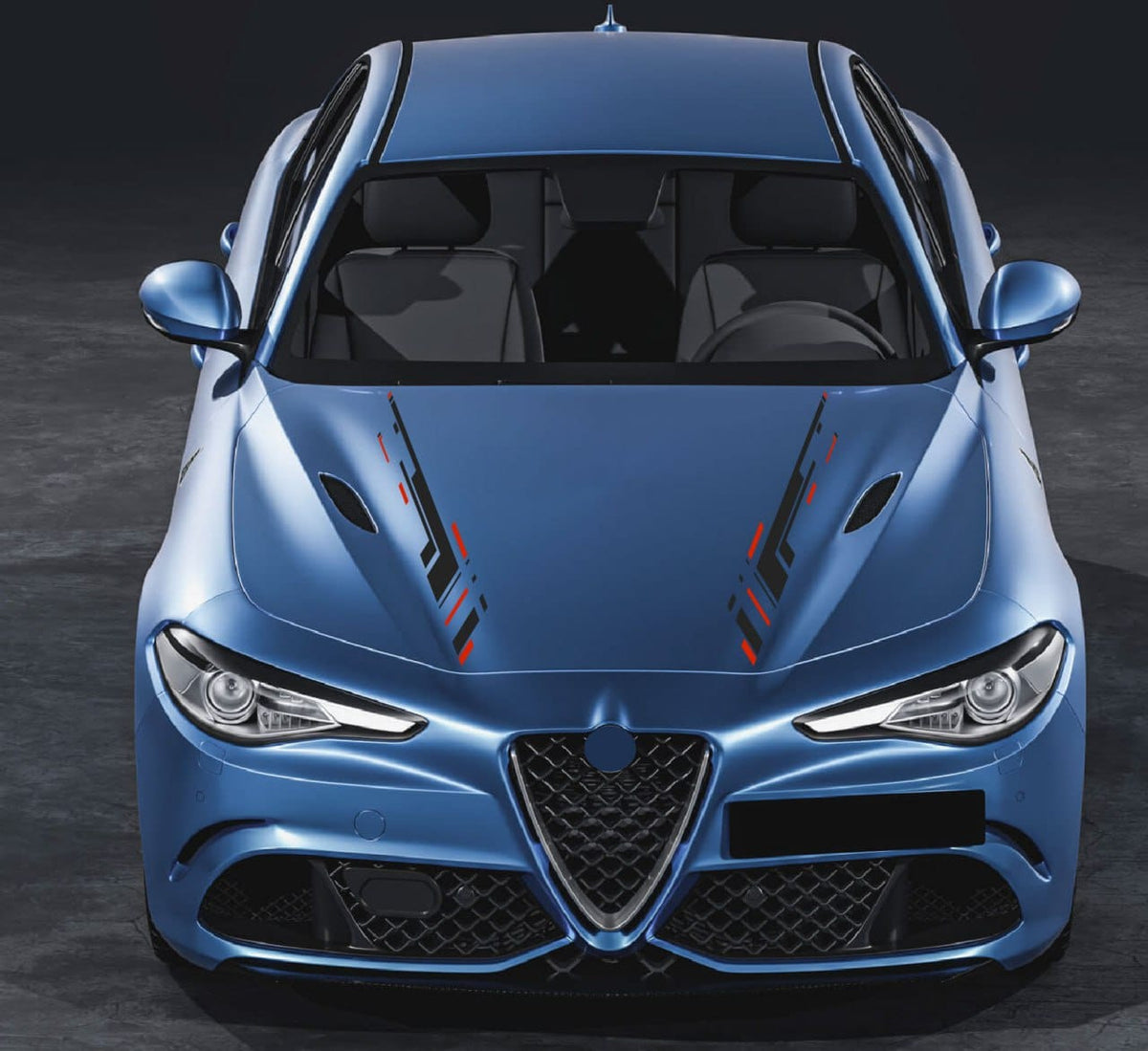 A metallic blue Alfa Romeo car shown from the front in a studio setting, with black and red graphic decals applied to the hood.