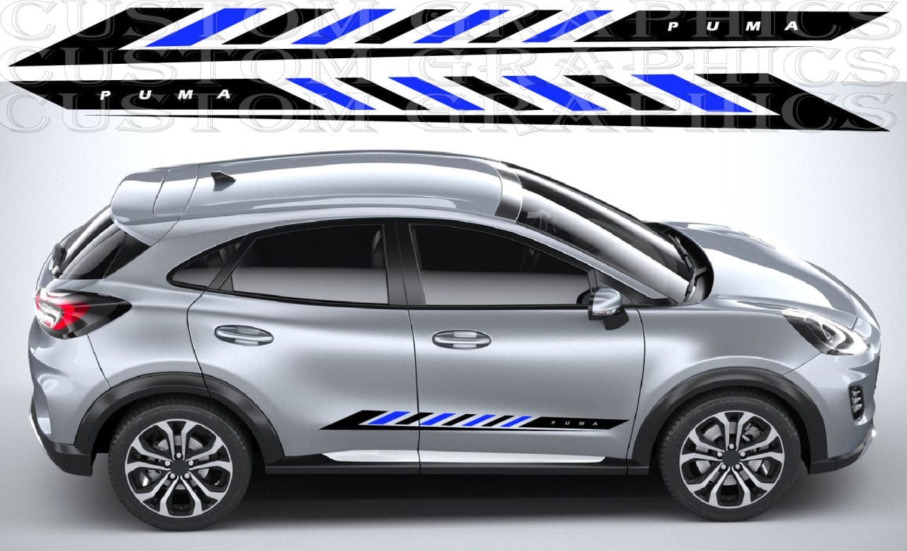 Black vinyl stripe on blue Ford Puma in motion