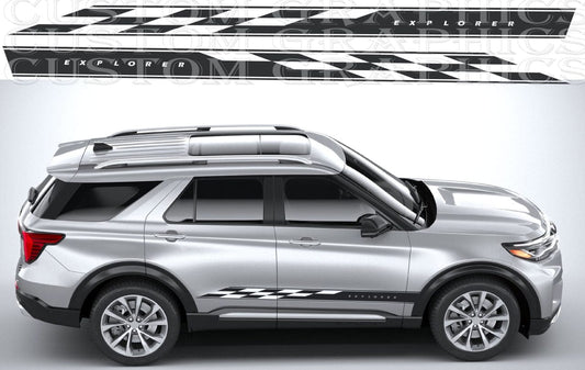 Bold side panel stripe sticker on silver Ford Explorer

