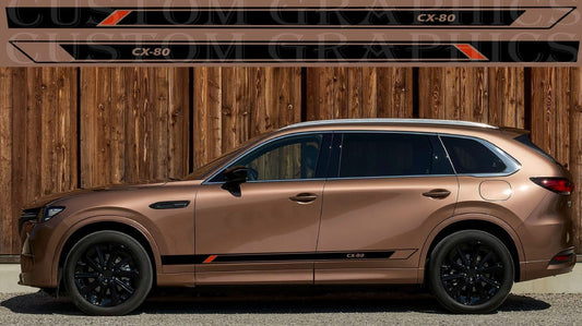 Bronze-colored SUV with 'CX-80' branding against a wooden background