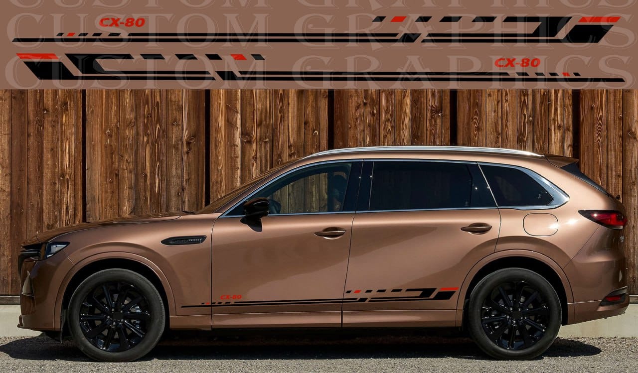Bronze SUV with custom graphics on a wooden background