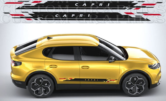 Yellow car with Capri decorative stripes on a gray background NOT OEM