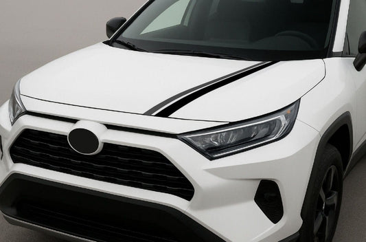 White SUV with black racing stripes on a neutral background