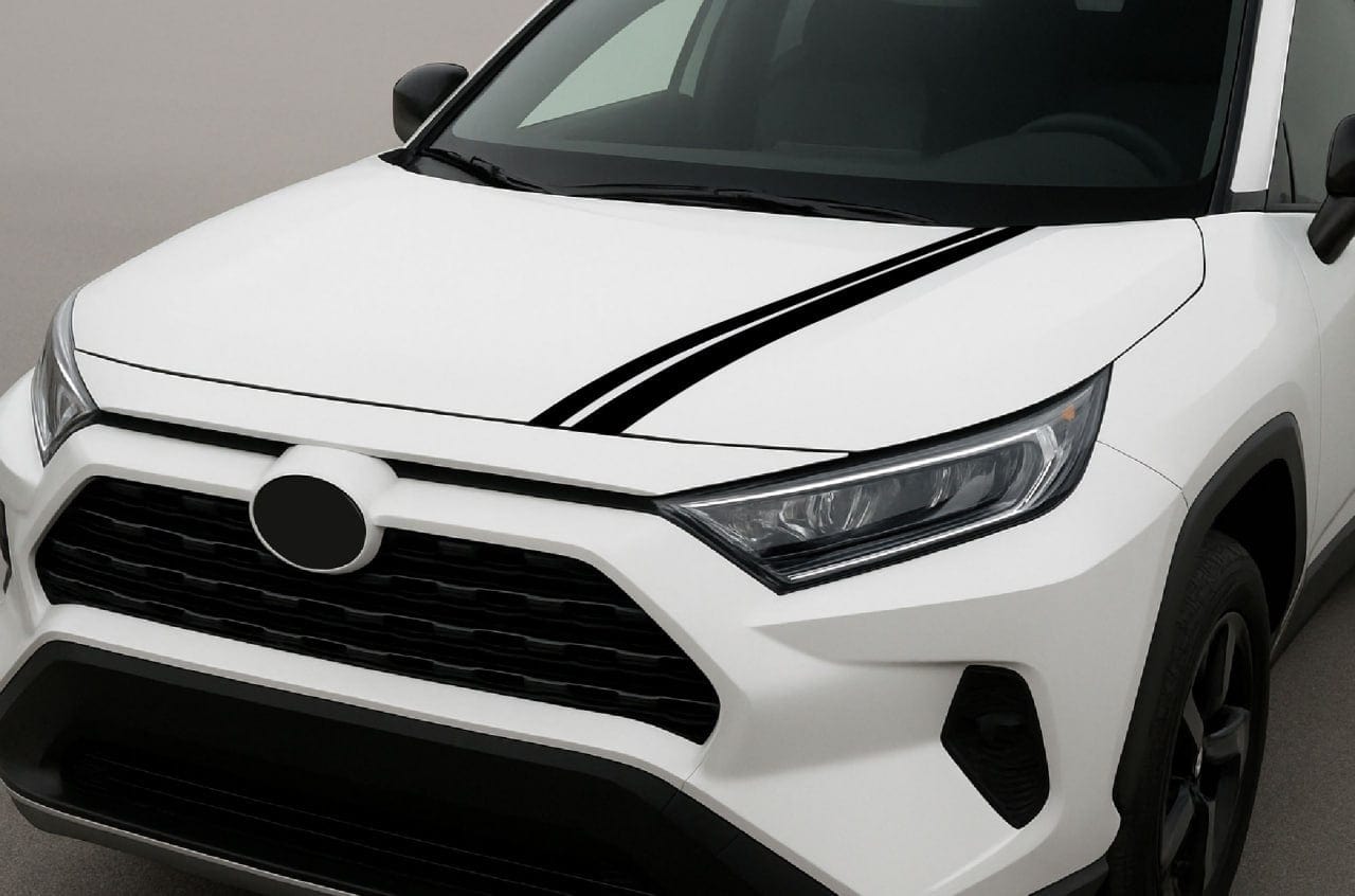 White SUV with black racing stripes on a neutral background