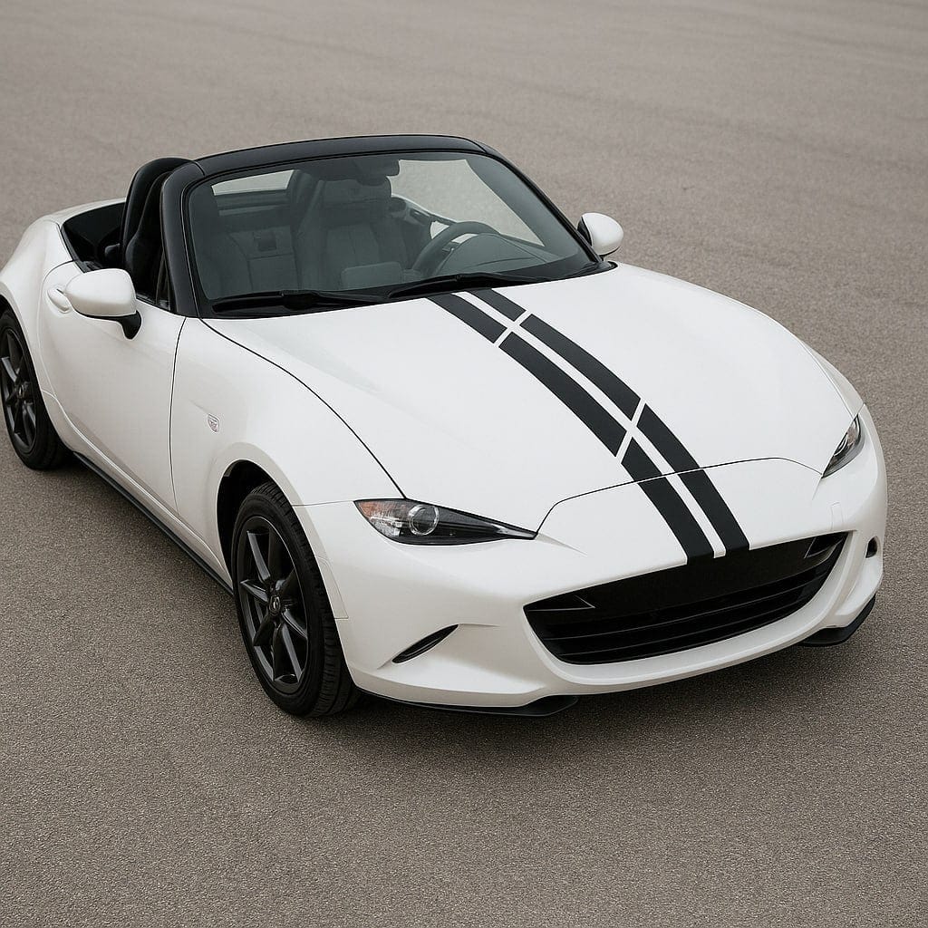 White convertible car with black stripes on a gray background