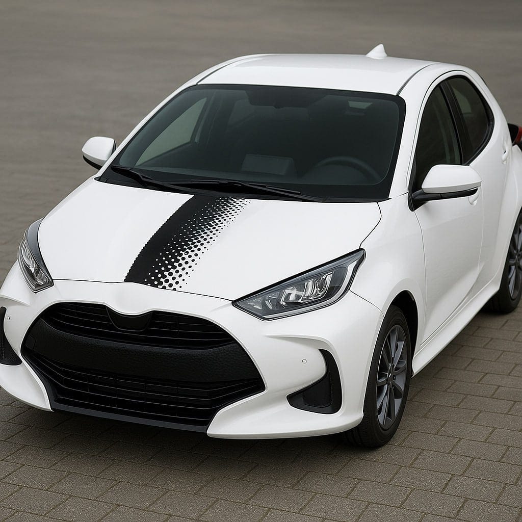 White car with black accents on a gray pavement