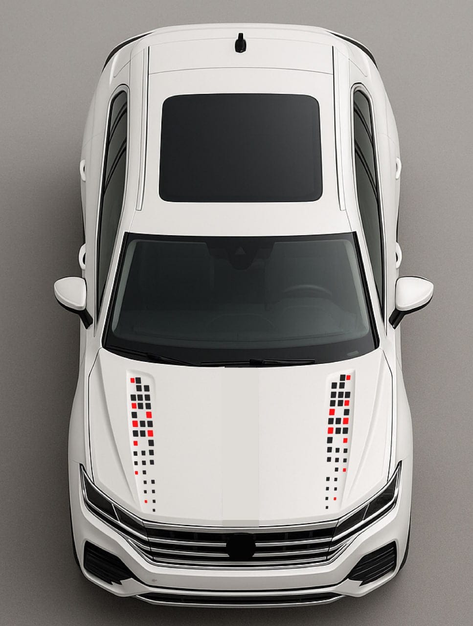 Top-down view of a white car with decorative stripes on a gray background
