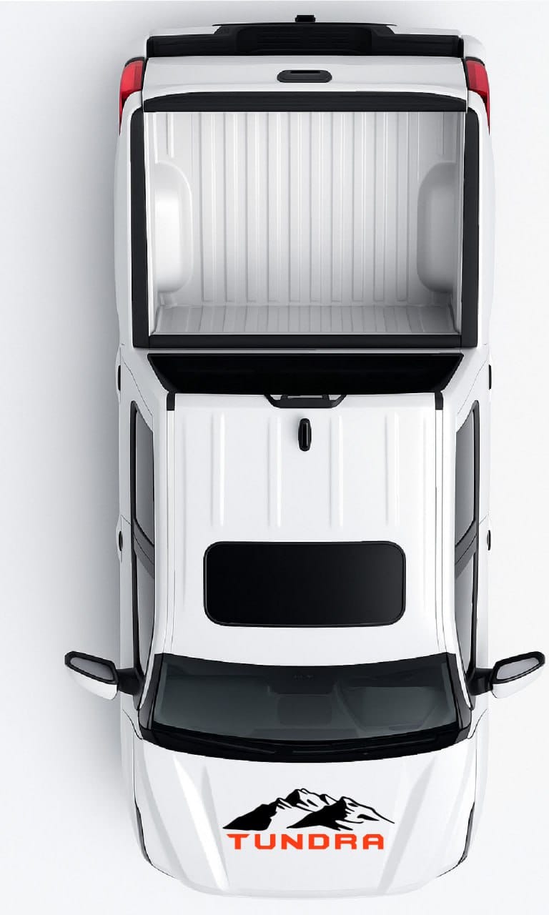 Top-down view of a white Toyota Tundra truck with an open cargo area on a white background.