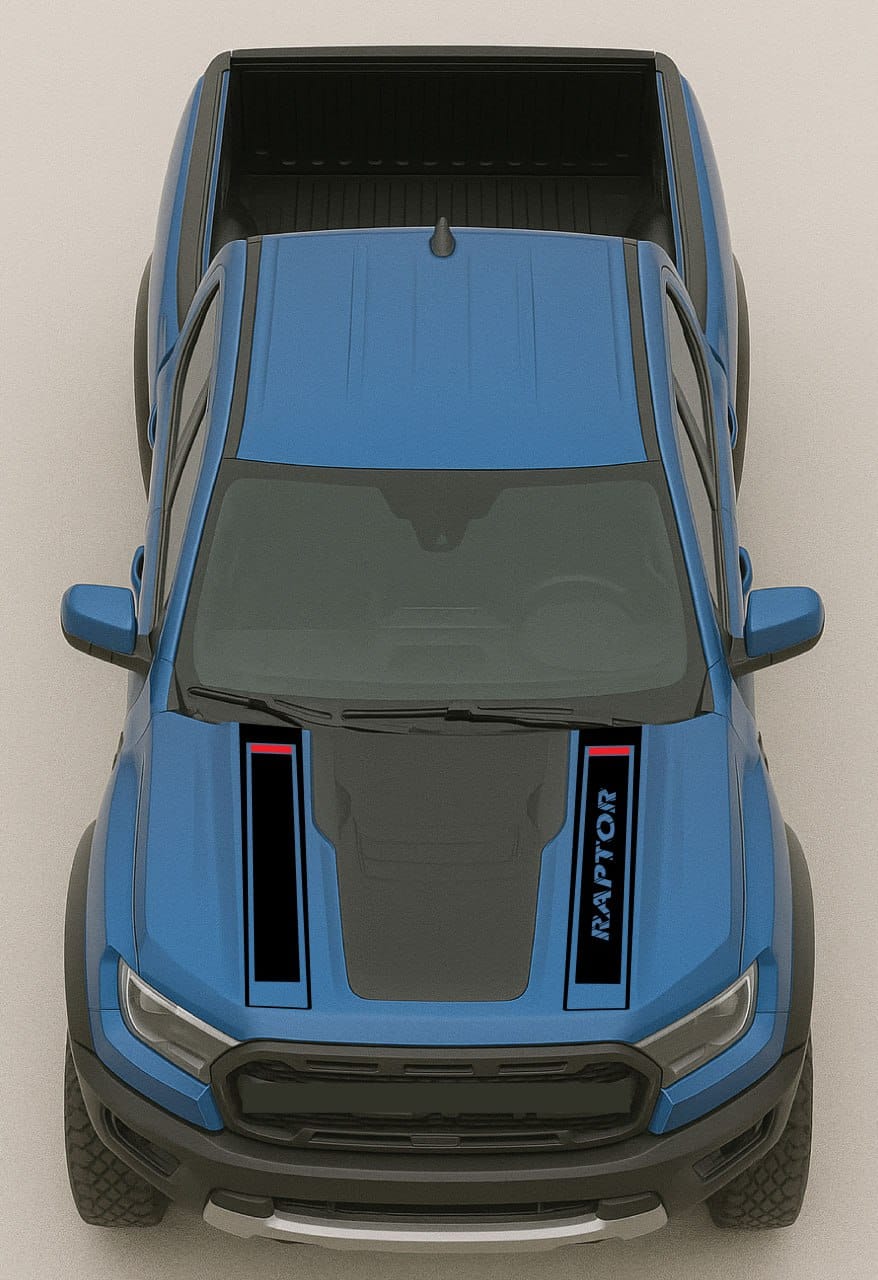 Top-down view of a blue Ford Raptor truck on a light gray background