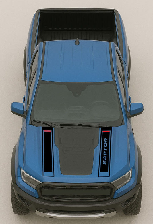 Top-down view of a blue Ford Raptor truck on a light gray background