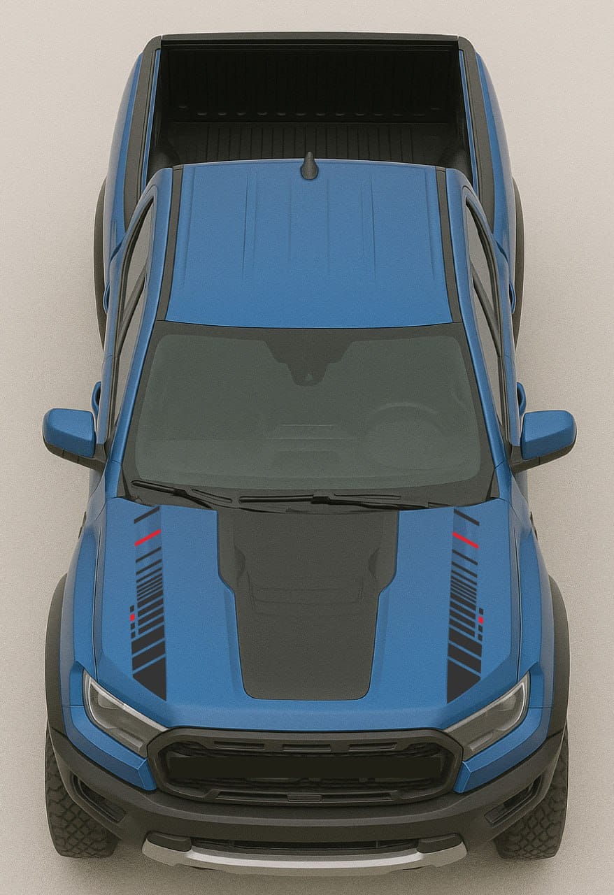 Top-down view of a blue and black truck on a light gray background