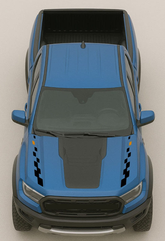 Blue pickup truck with black hood decal on a gray background