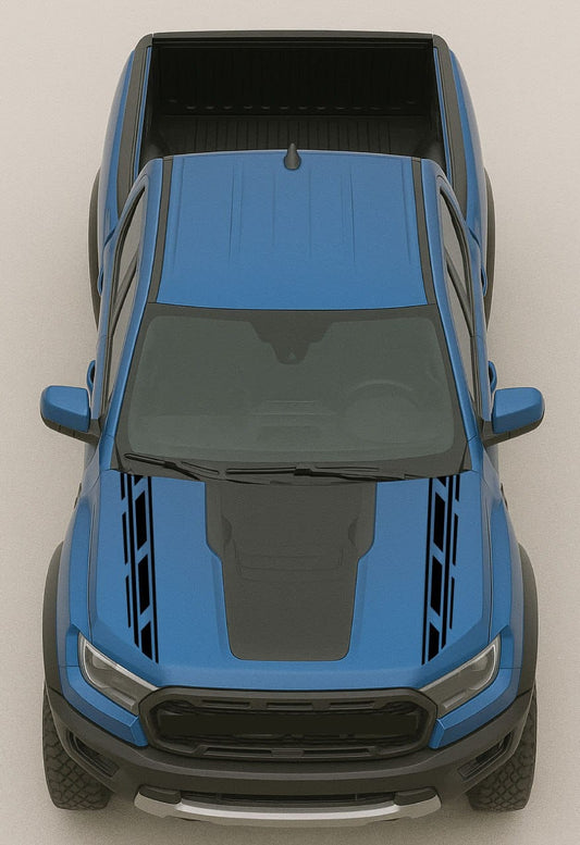 Top-down view of a blue pickup truck with black accents on a light gray background