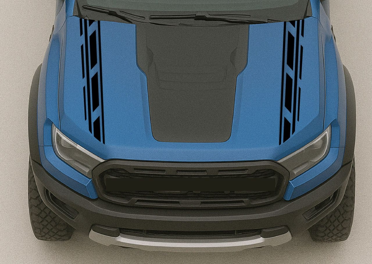 Top view of a blue truck with black accents on a gray background