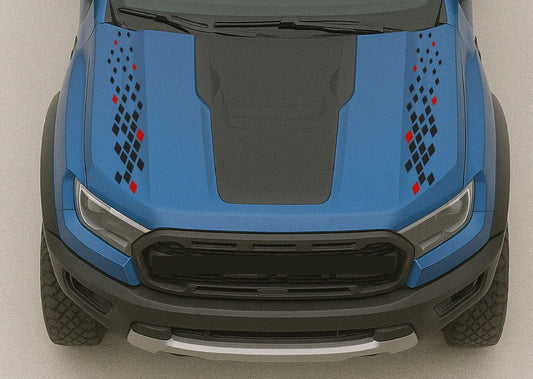 Close-up of a blue truck hood with black and red graphics on a gray background