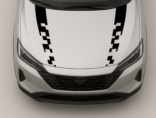 Car hood with black and white checkered stripe design on a neutral background
