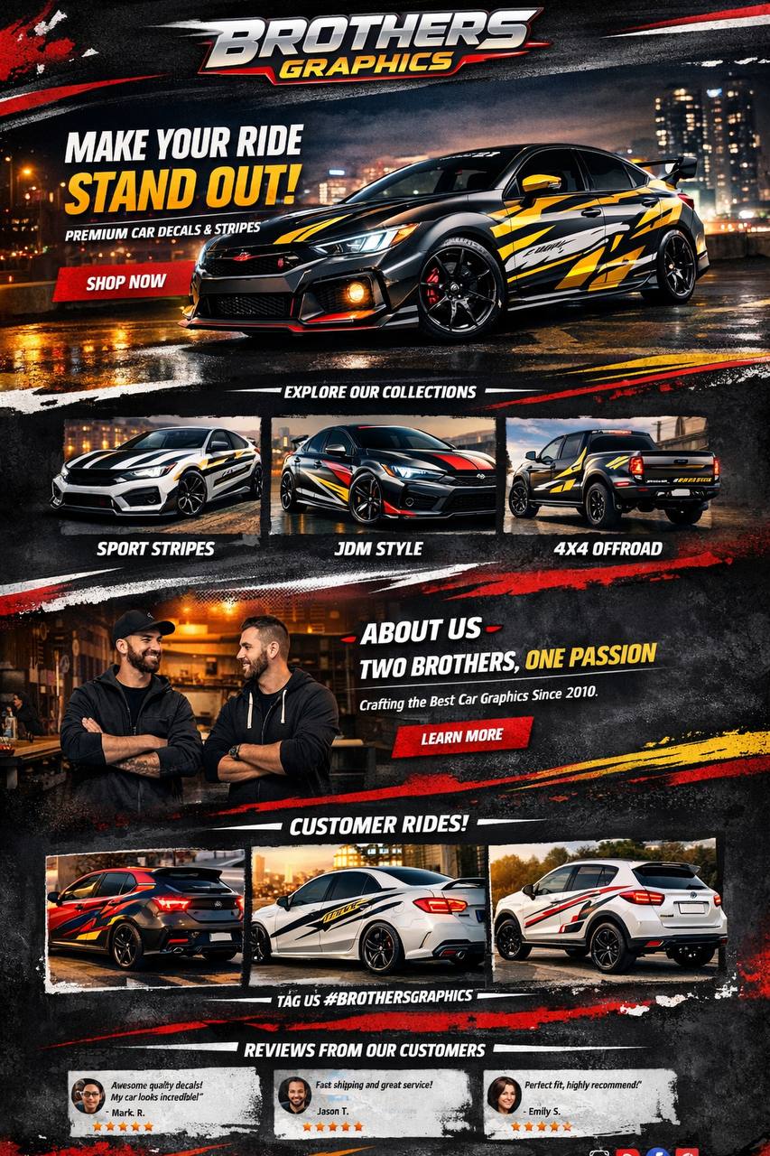 Brothers Graphics car wrap service advertisement with a car on a city street at night.