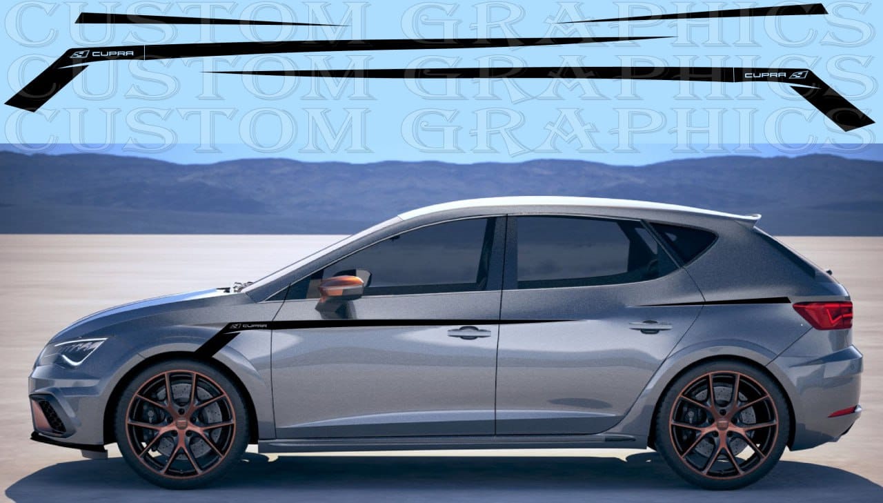 Silver car with black custom graphics on a desert background