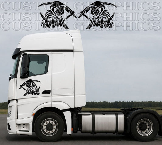 Black skull vinyl decal on white truck cab, custom side graphic