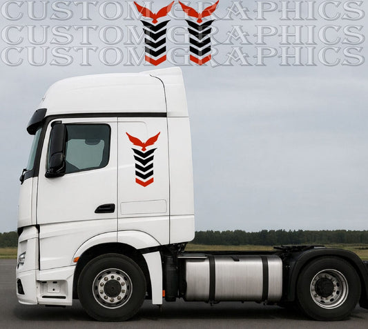 Universal semi truck vinyl decal with stylized bird emblem graphic on white truck cab door