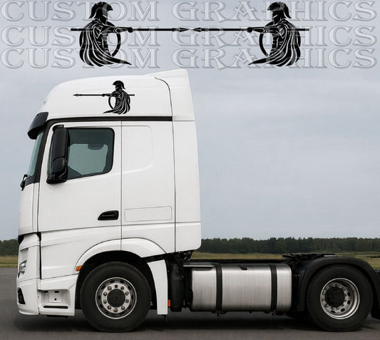 White truck with custom graphics of a warrior on the side