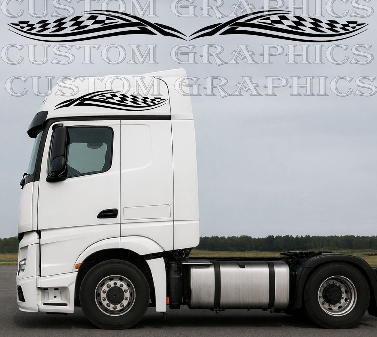 Roof stripe vinyl decal installed on white truck cab, custom black graphic design