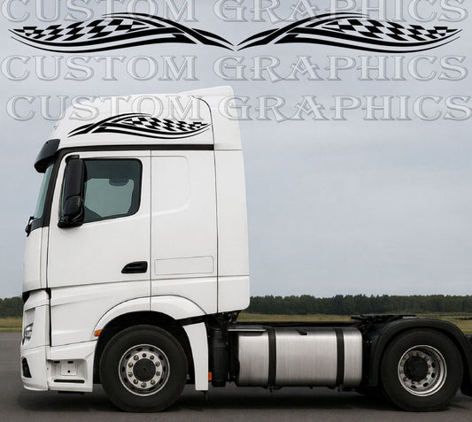 Roof stripe vinyl decal installed on white truck cab, custom black graphic design