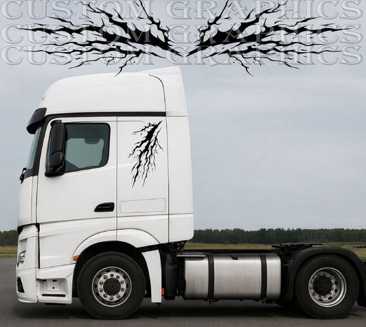 White truck with custom graphics on a road