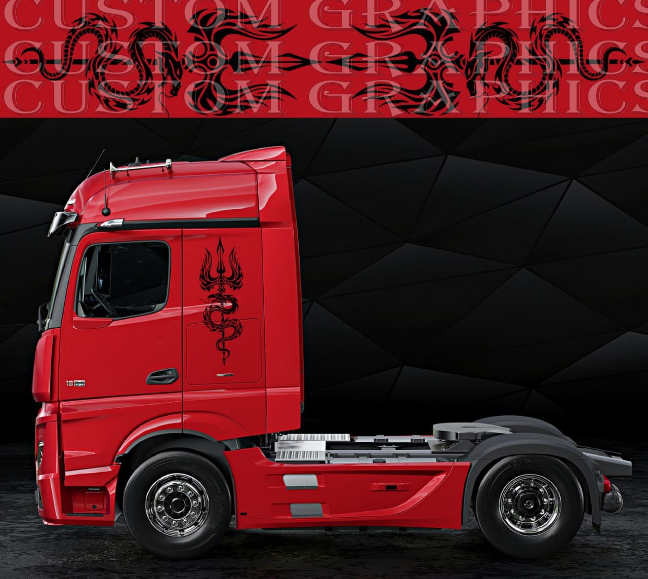 Dragon flame style vinyl decal on red truck cab, custom side graphic