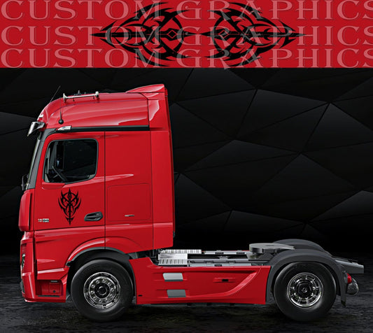 Tribal style vinyl decal installed on red truck cab side, custom black side graphic