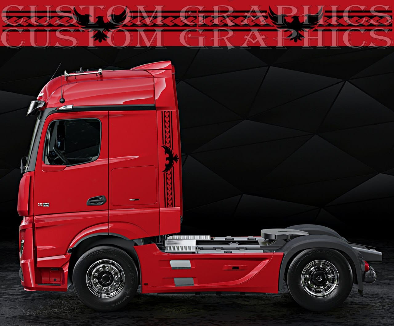 Custom vertical vinyl stripe decal on red truck cab, minimalist side graphic