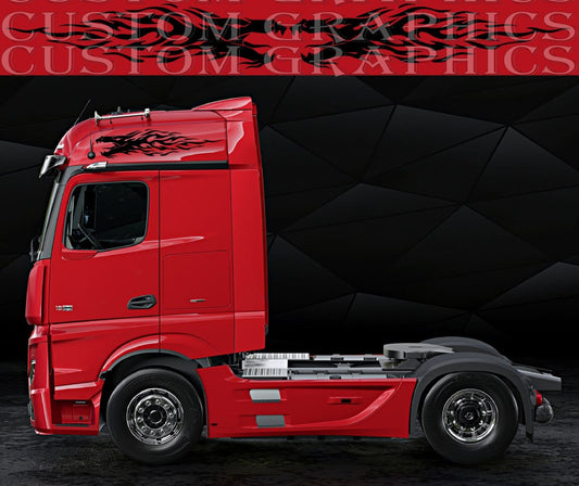 Black flame vinyl decal on red truck cab, custom side graphic design