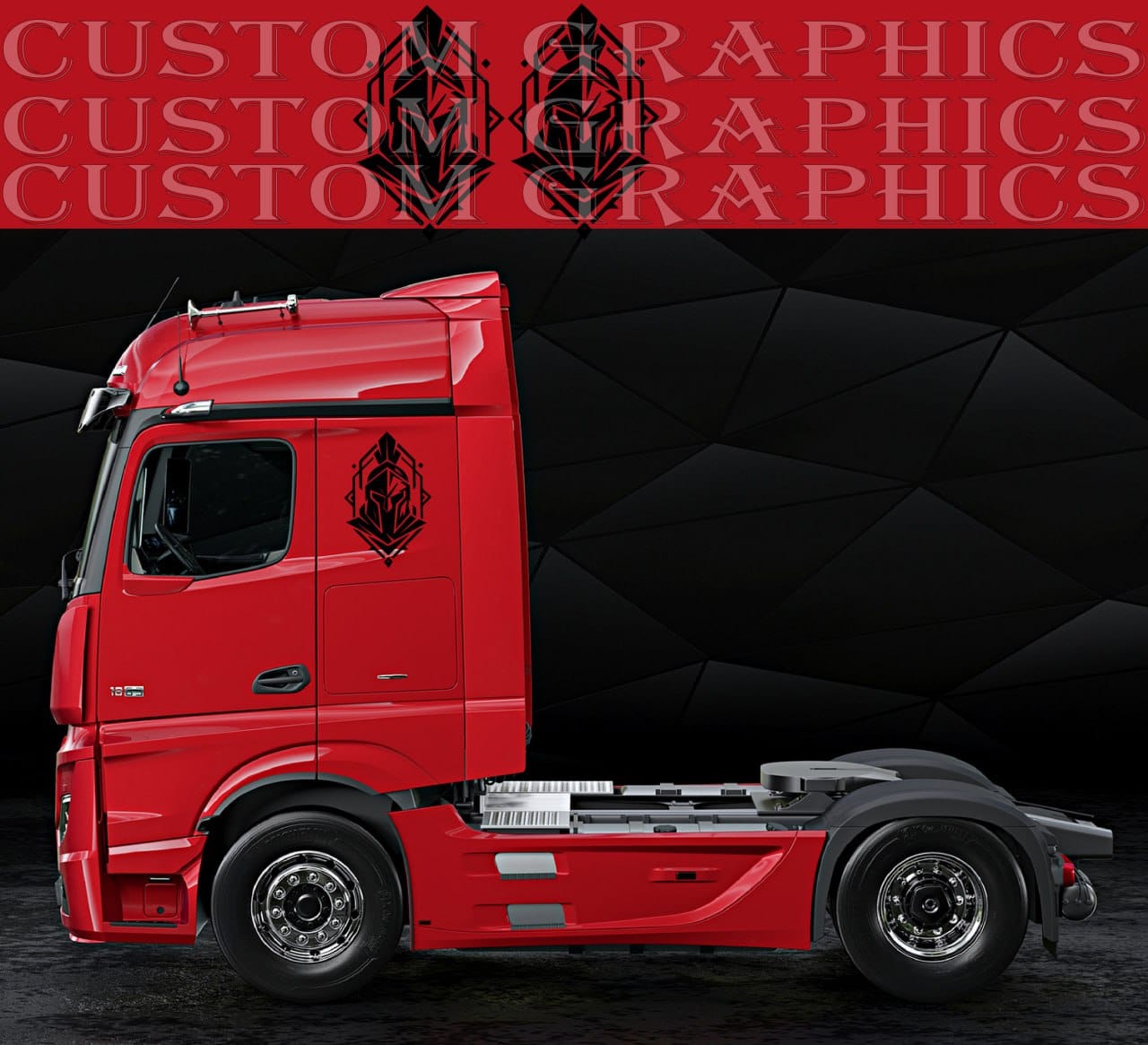 Red truck with custom graphics on a black and red background