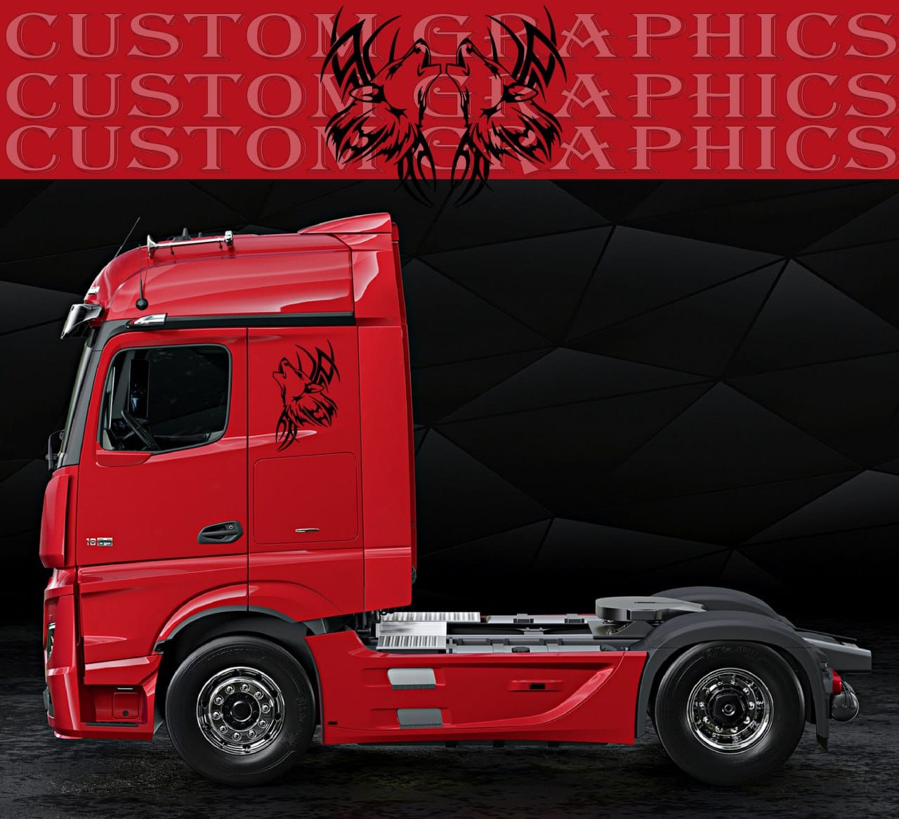 Red truck with custom graphics on a black and red background