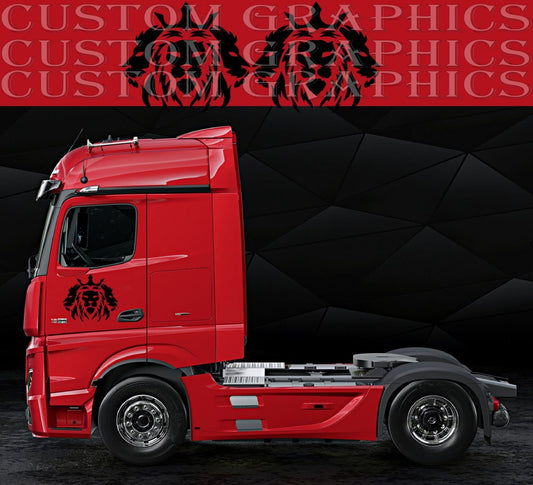 Lion head vinyl decal installed on red truck cab side, custom black graphic design