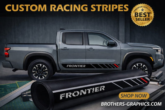 Gray truck with custom racing stripes and a roll of stripes on a dark background