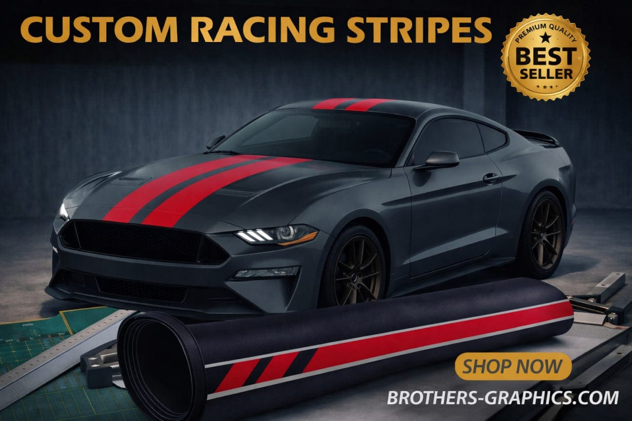 Ford Mustang with classic full racing stripe vinyl decals installed on hood and body