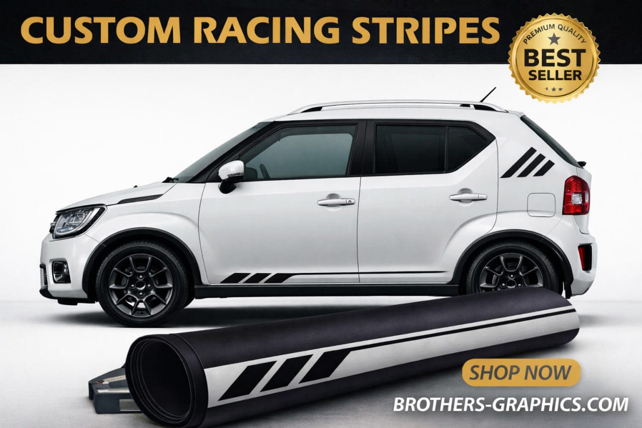 White SUV with black custom racing stripes and a roll of vinyl wrap on a white background.