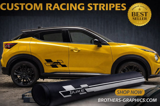 Yellow car with custom racing stripes and a roll of vinyl wrap on a dark background.