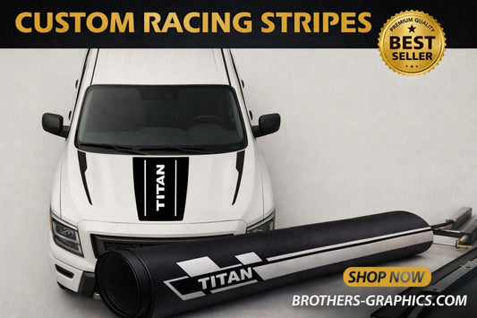 White van with 'TITAN' custom racing stripes and roll of vinyl graphics on a gray background.