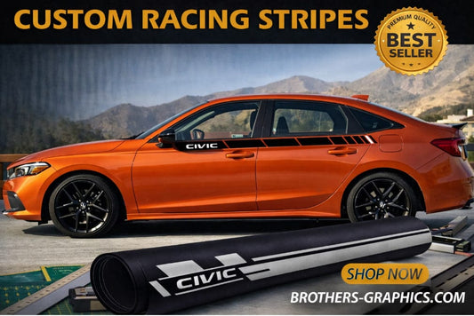 Orange car with custom racing stripes and a roll of vinyl wrap on a mountainous background.