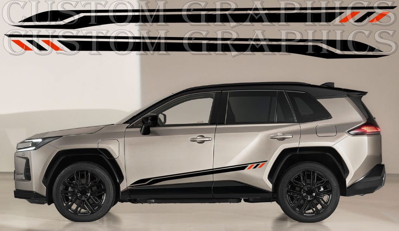 Silver SUV with black and red graphics on a beige background