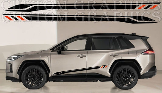 Silver SUV with black and red graphics on a beige background