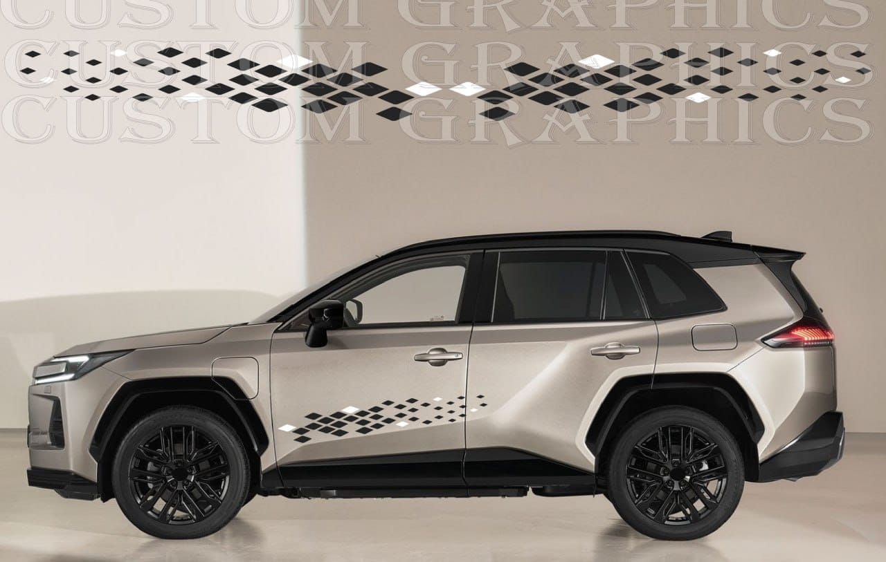 Silver SUV with custom graphics on a beige background vinyl stickers