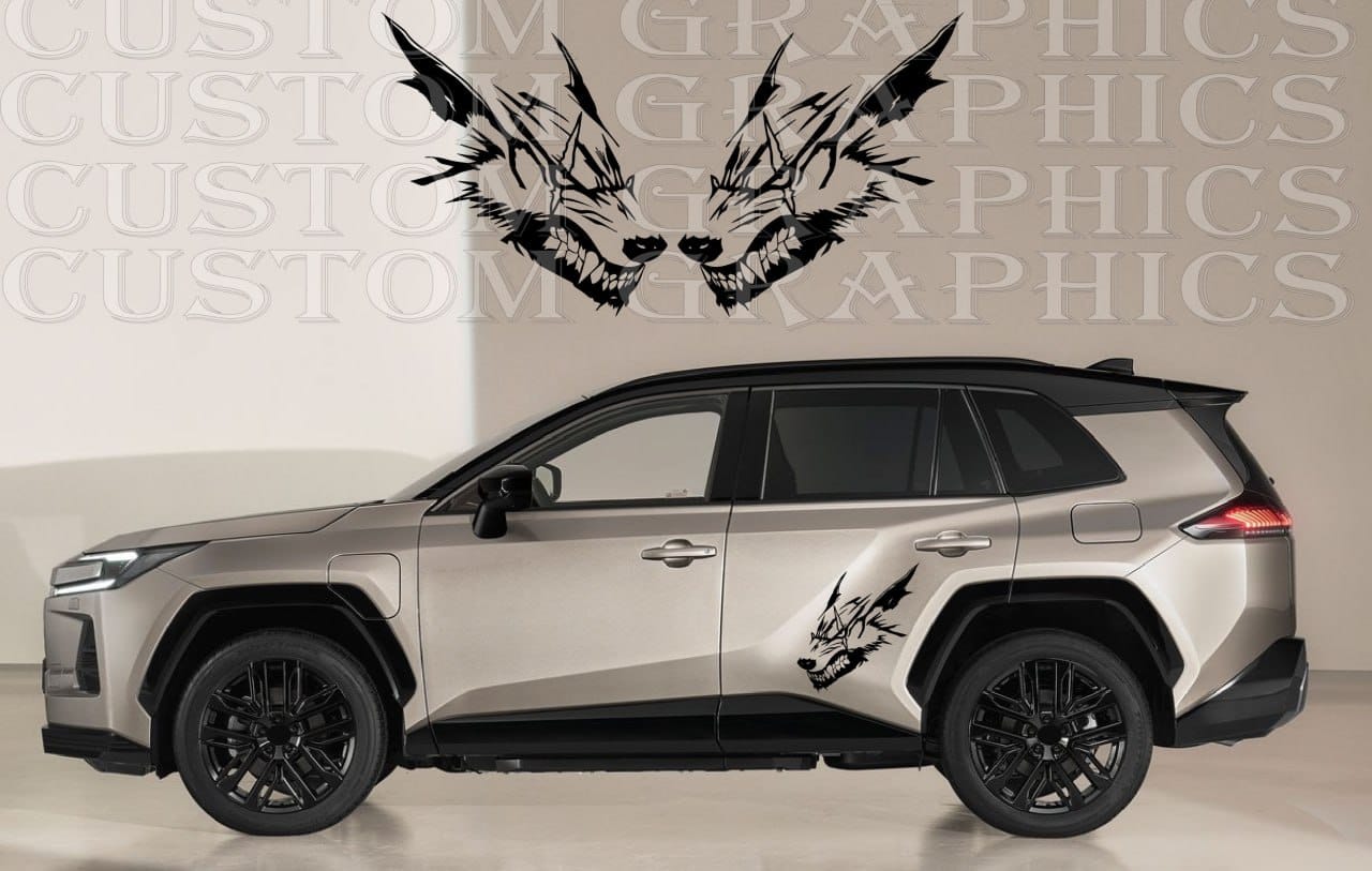 Silver SUV with custom dragon WOLF graphics on a plain background