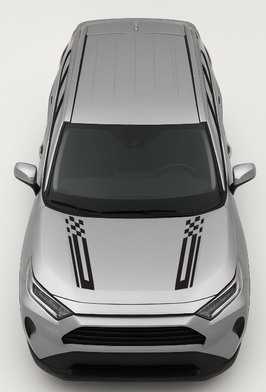 Top-down view of a silver car with black accents on a white background